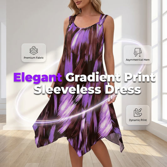 ⏳Time-Limited Special⏰ Elegant Gradient Print Sleeveless Dress – Asymmetrical Hem, O-Ring Straps, Flowy ✨