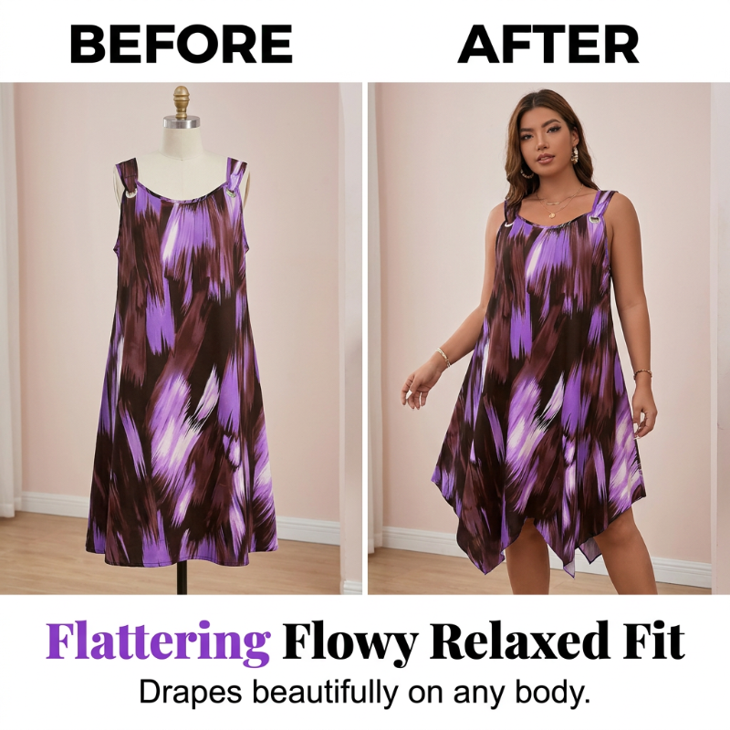 ⏳Time-Limited Special⏰ Elegant Gradient Print Sleeveless Dress – Asymmetrical Hem, O-Ring Straps, Flowy ✨