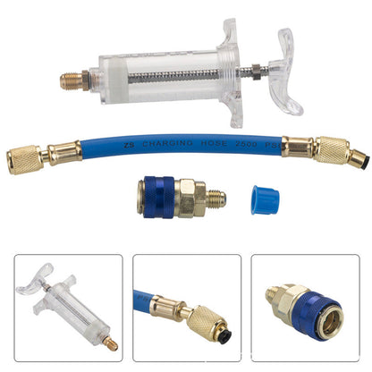 💥Precision AC Oil Dye Injector – Brass Construction, High Pressure Hose, Clear Barrel