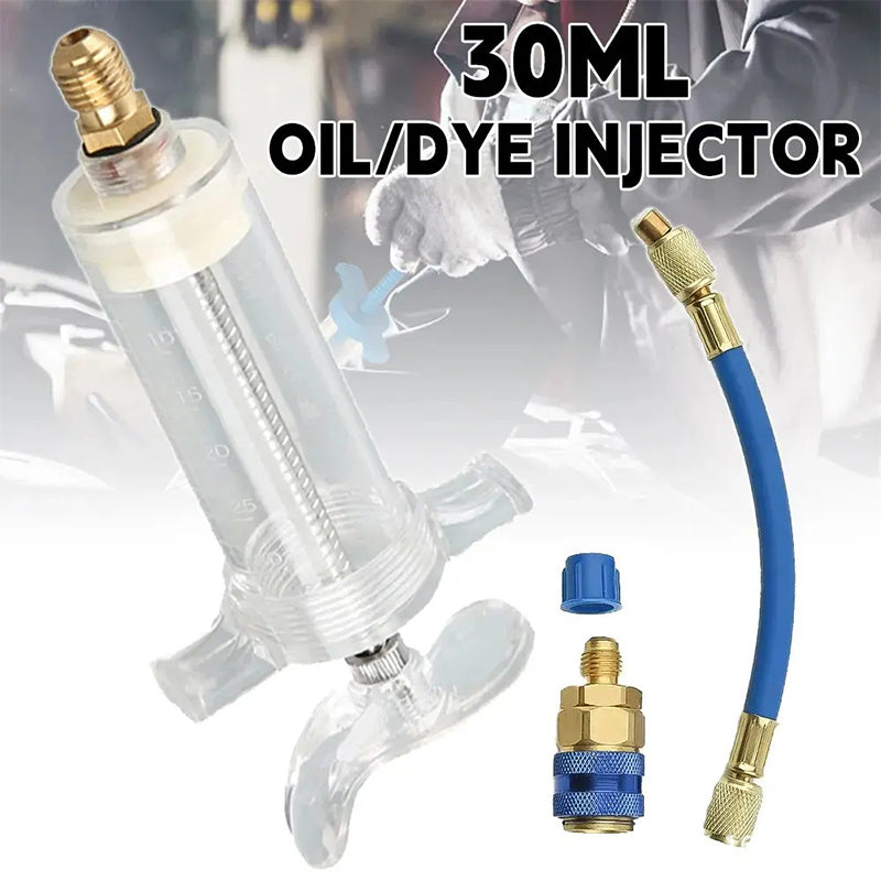 💥Precision AC Oil Dye Injector – Brass Construction, High Pressure Hose, Clear Barrel