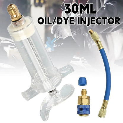 💥Precision AC Oil Dye Injector – Brass Construction, High Pressure Hose, Clear Barrel