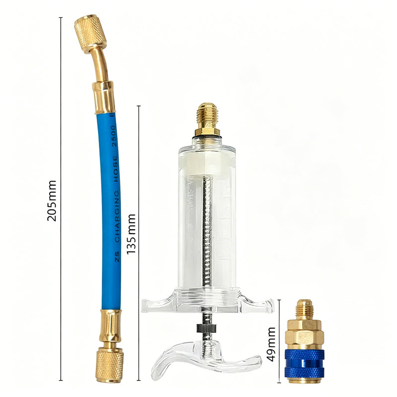 💥Precision AC Oil Dye Injector – Brass Construction, High Pressure Hose, Clear Barrel