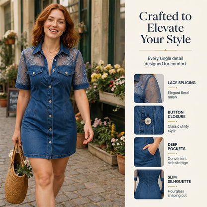 Women's Fashion Sheer Lace Denim Mini Dress