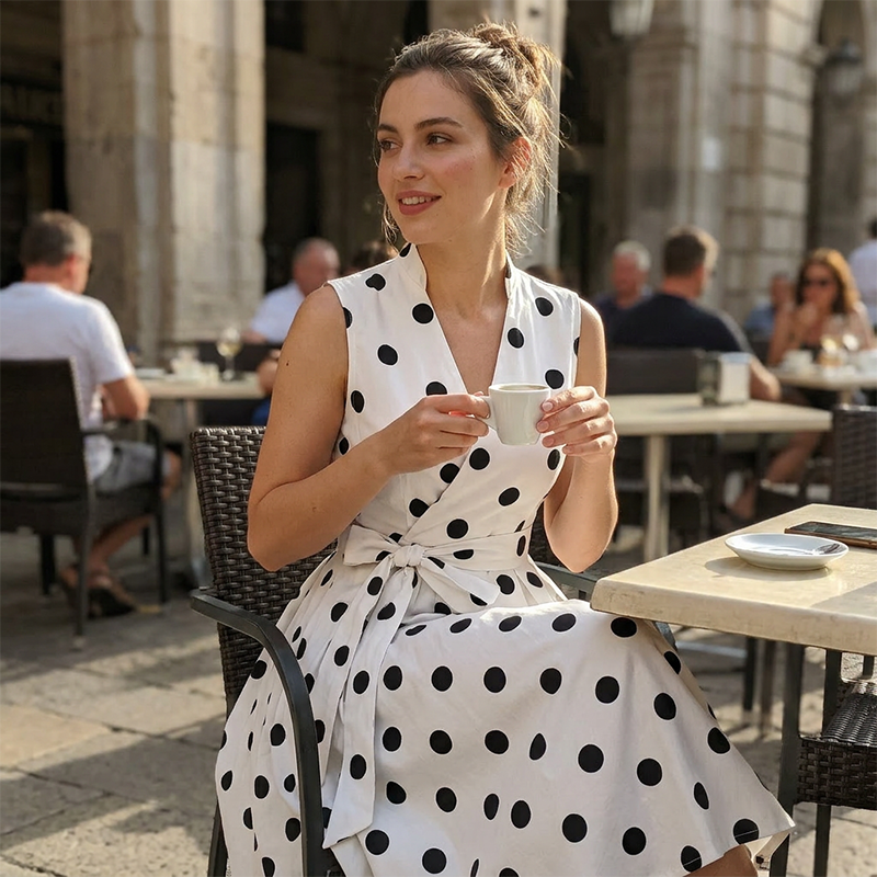 Women's Polka Dot Sleeveless V-Neck Dress