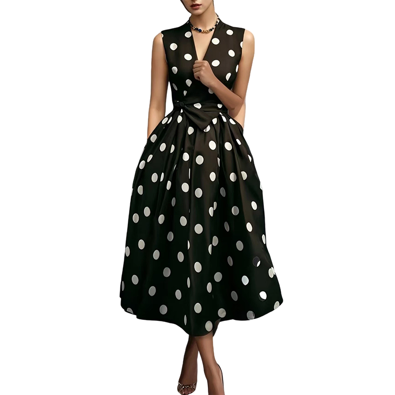 Women's Polka Dot Sleeveless V-Neck Dress