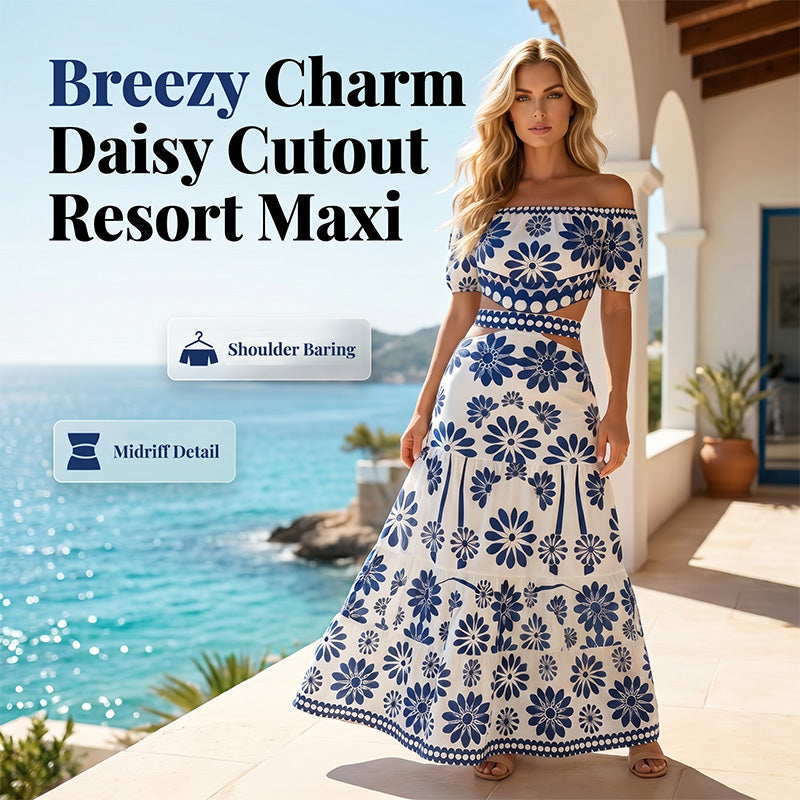 Women’s Off-the-Shoulder Waist Cutout Daisy Printed Resort Dress