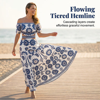 Women’s Off-the-Shoulder Waist Cutout Daisy Printed Resort Dress