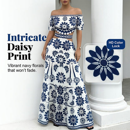 Women’s Off-the-Shoulder Waist Cutout Daisy Printed Resort Dress