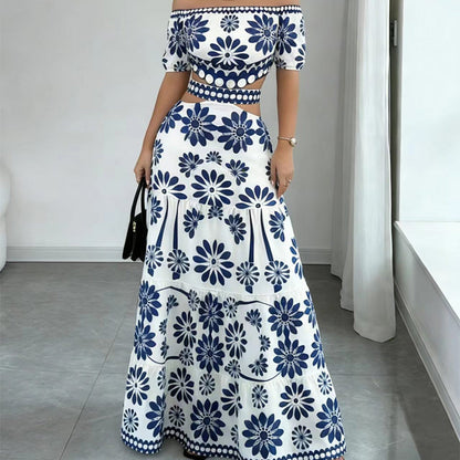Women’s Off-the-Shoulder Waist Cutout Daisy Printed Resort Dress