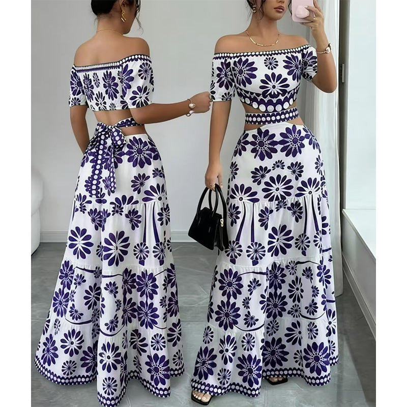 Women’s Off-the-Shoulder Waist Cutout Daisy Printed Resort Dress