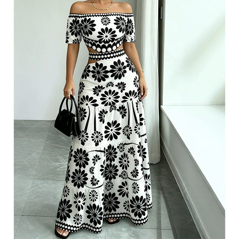 Women’s Off-the-Shoulder Waist Cutout Daisy Printed Resort Dress