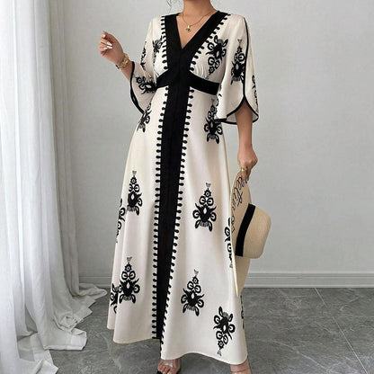 Women's Elegant V-Neck Print Maxi Dress