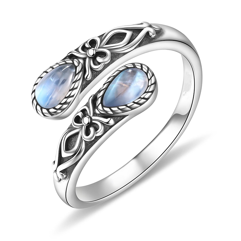 Vintage Adjustable Open Ring with Teardrop Glowing Zircon