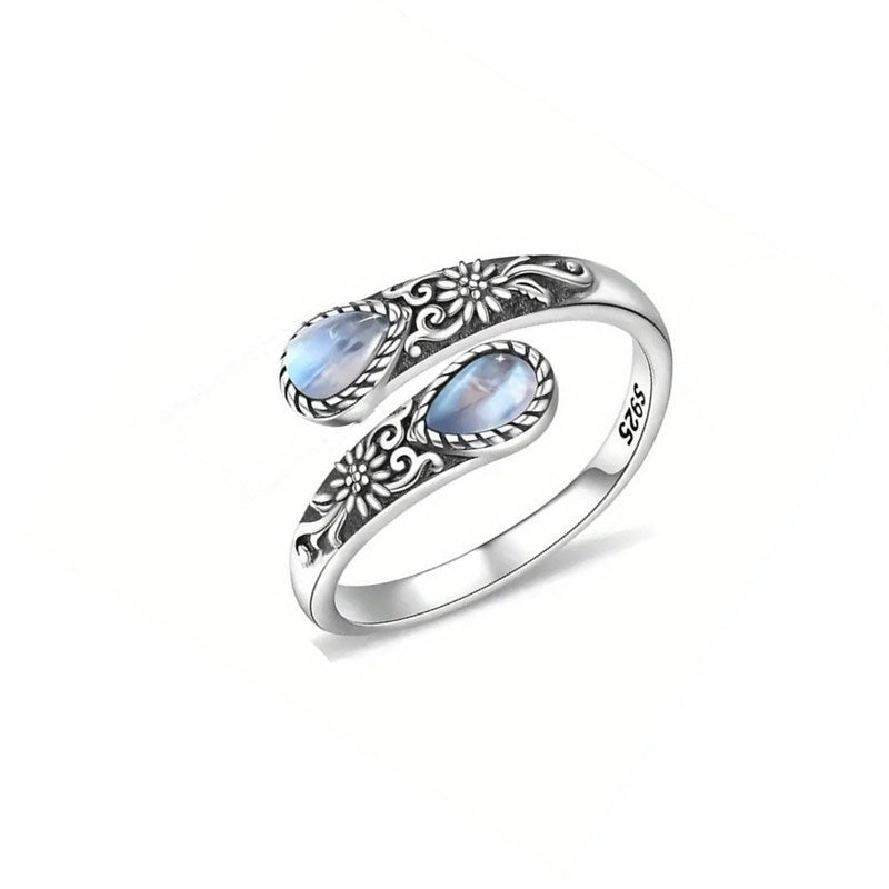 Vintage Adjustable Open Ring with Teardrop Glowing Zircon