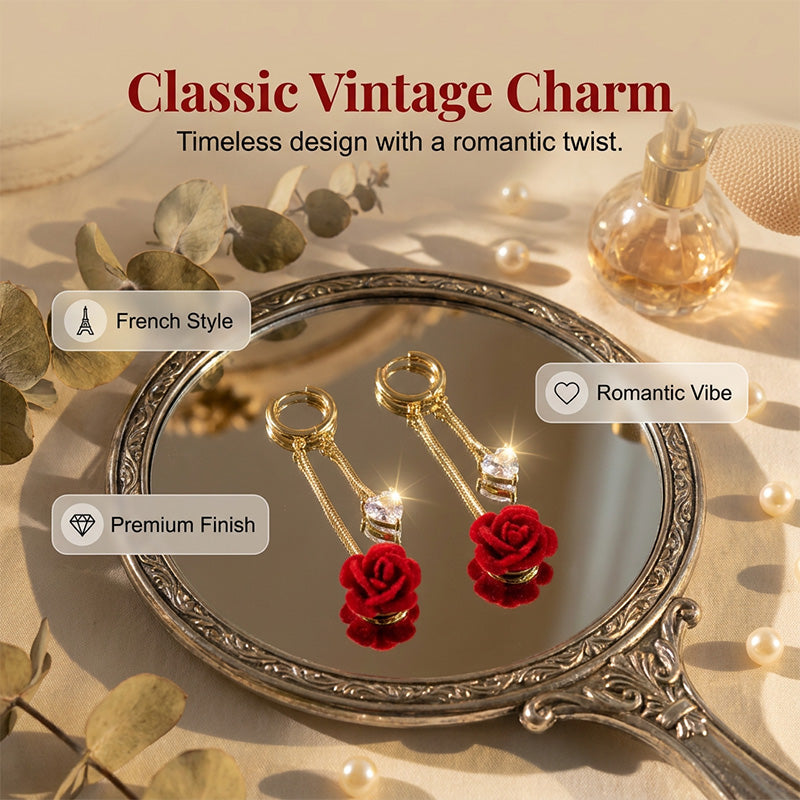 French Vintage Red Rose Dangle Earrings