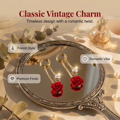 French Vintage Red Rose Dangle Earrings