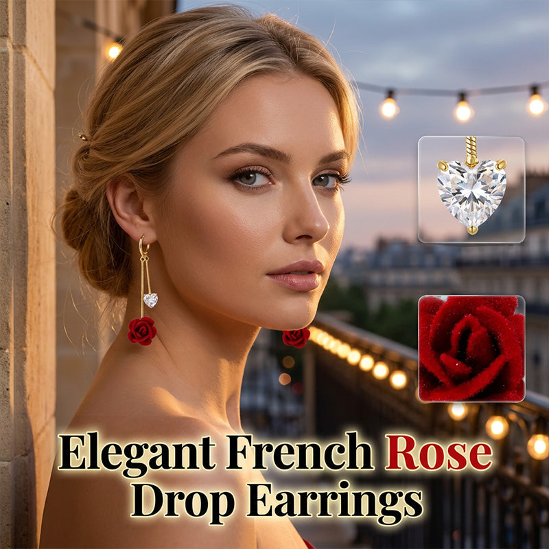 French Vintage Red Rose Dangle Earrings