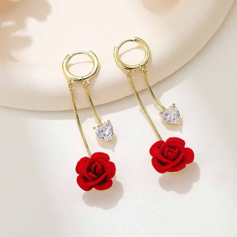 French Vintage Red Rose Dangle Earrings