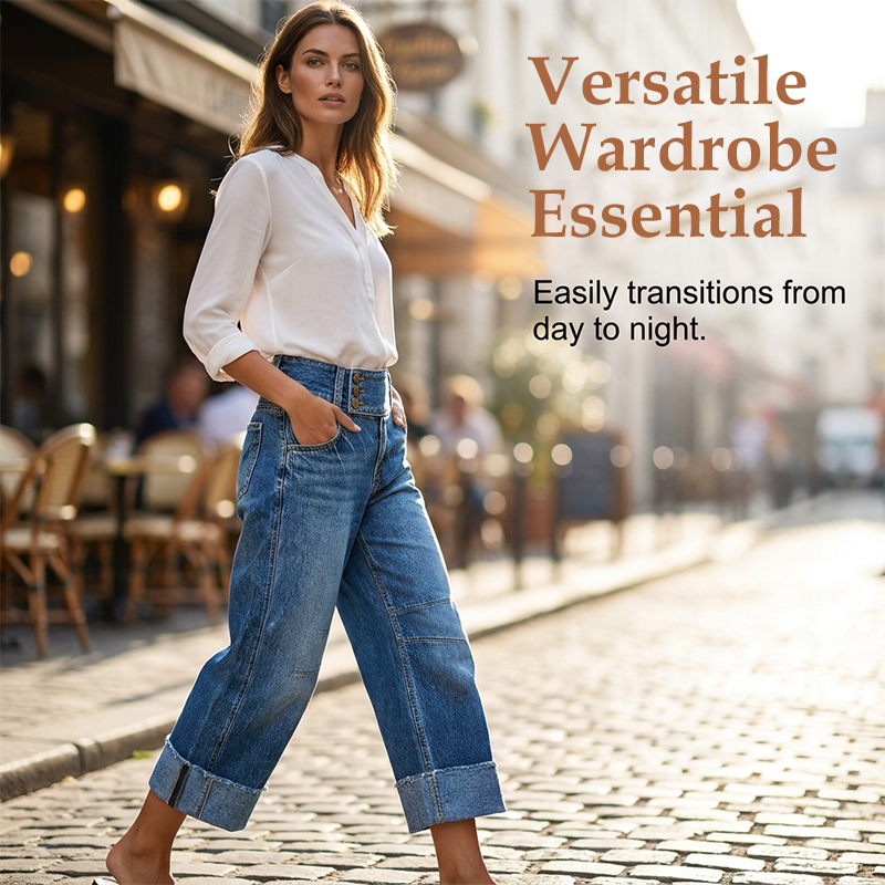Women Wide Leg Cropped Jeans Button High Waist Denim Pants