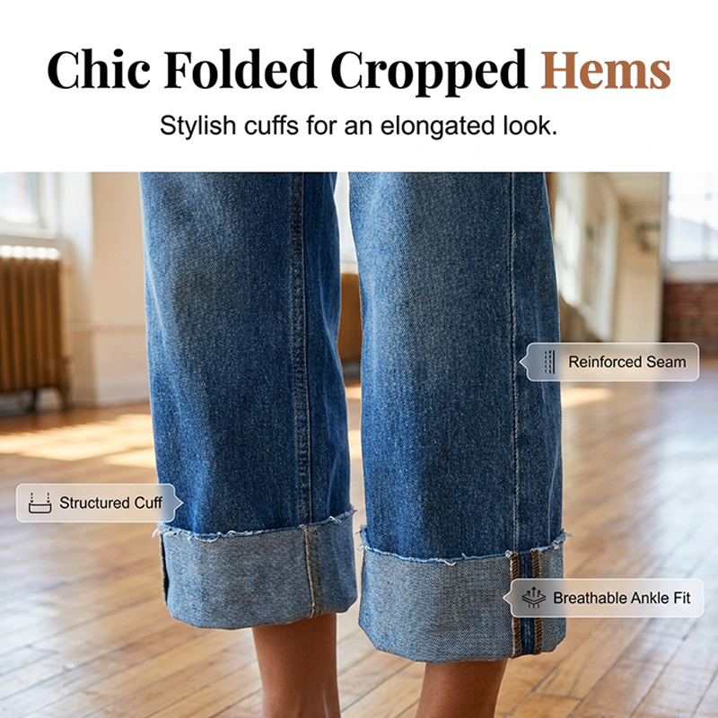 Women Wide Leg Cropped Jeans Button High Waist Denim Pants