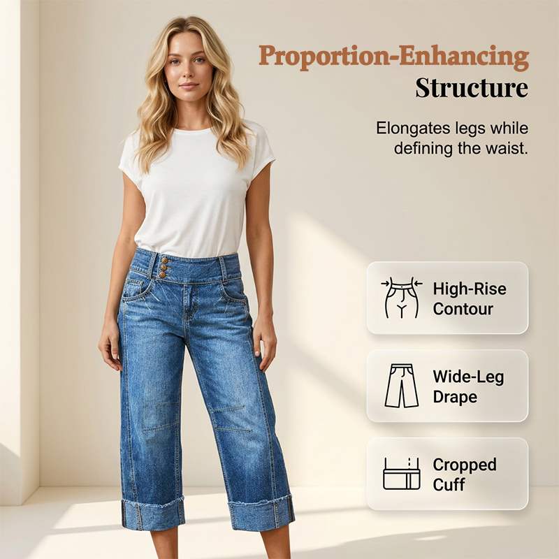 Women Wide Leg Cropped Jeans Button High Waist Denim Pants