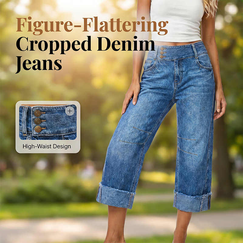 Women Wide Leg Cropped Jeans Button High Waist Denim Pants