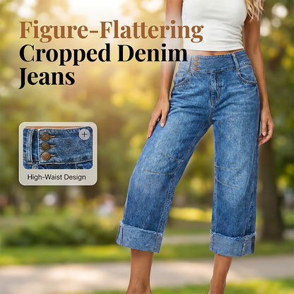Women Wide Leg Cropped Jeans Button High Waist Denim Pants