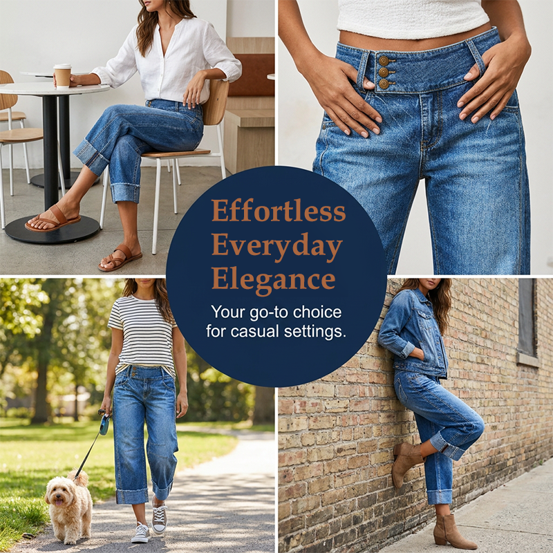 Women Wide Leg Cropped Jeans Button High Waist Denim Pants
