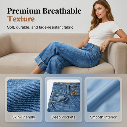 Women Wide Leg Cropped Jeans Button High Waist Denim Pants