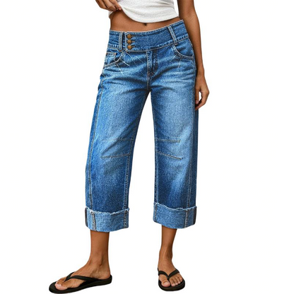 Women Wide Leg Cropped Jeans Button High Waist Denim Pants