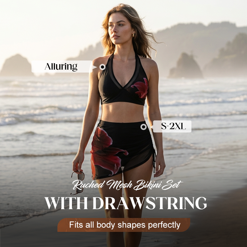 Ruched Mesh Bikini Set with Drawstring