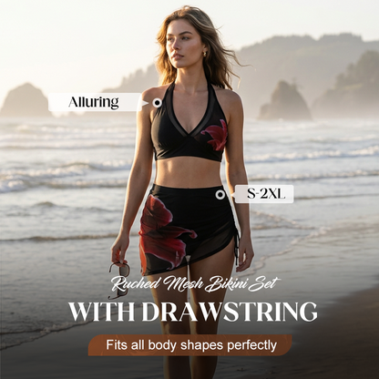 Ruched Mesh Bikini Set with Drawstring