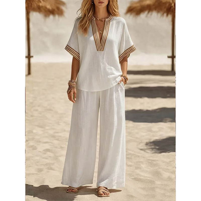 Women’s V-Neck Top and Wide Leg Pants Set