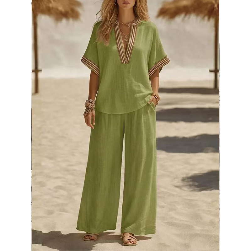 Women’s V-Neck Top and Wide Leg Pants Set