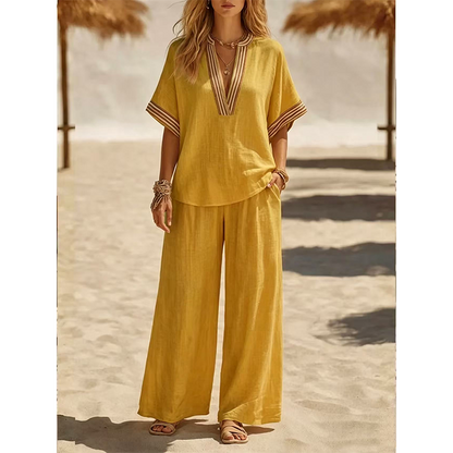 Women’s V-Neck Top and Wide Leg Pants Set