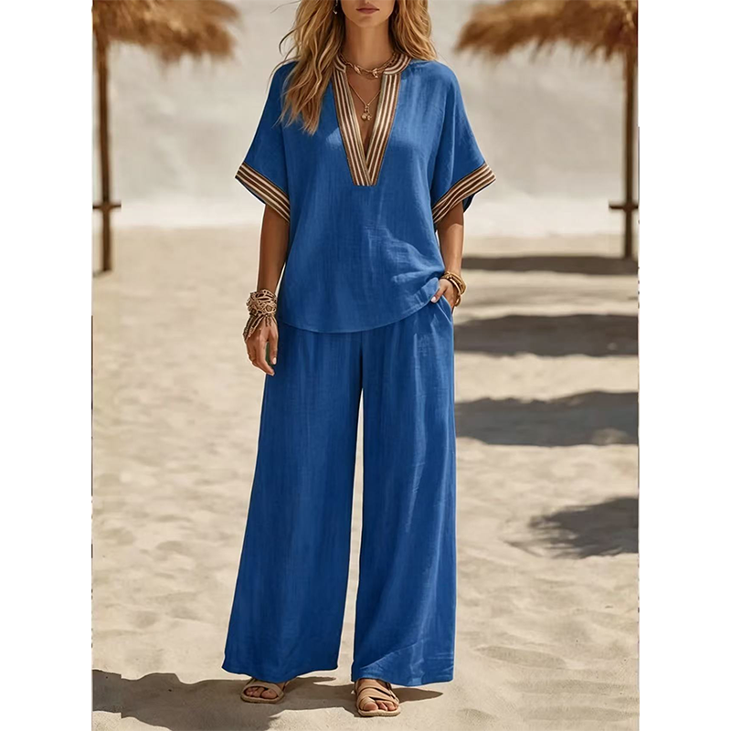 Women’s V-Neck Top and Wide Leg Pants Set