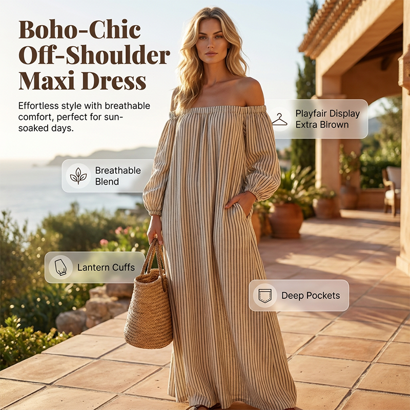 Women's Off-Shoulder Maxi Dress Lantern Sleeve Dress