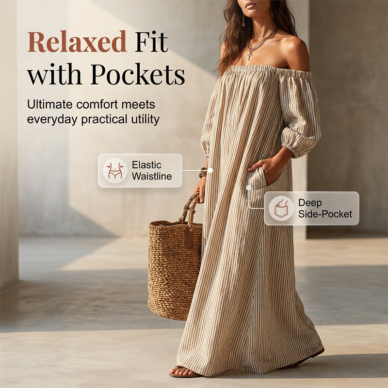 Women's Off-Shoulder Maxi Dress Lantern Sleeve Dress