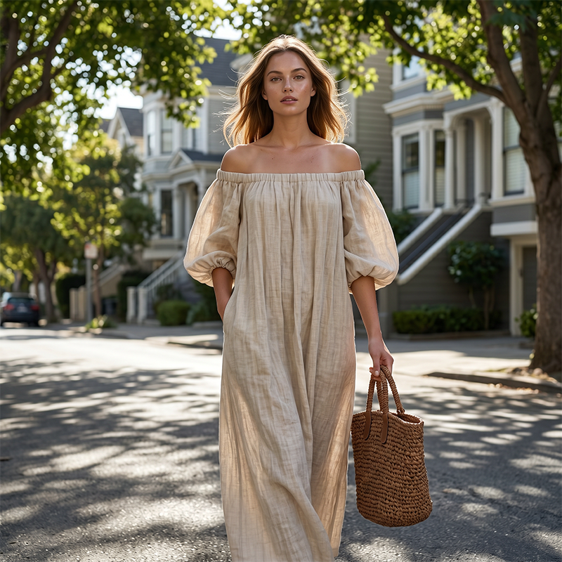 Women's Off-Shoulder Maxi Dress Lantern Sleeve Dress