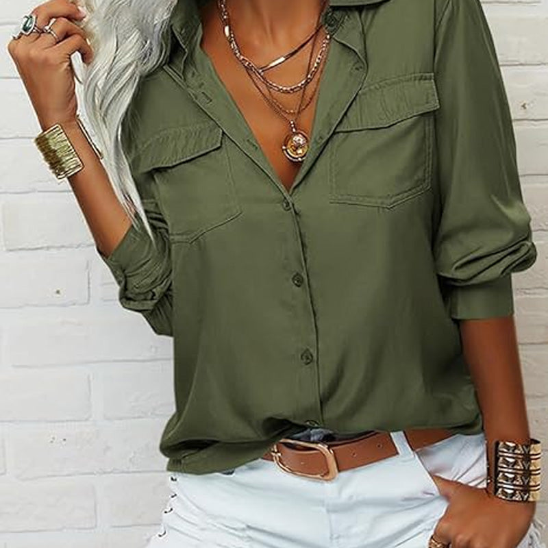 Women's Solid Lapel Long Sleeves Button-Down Shirt