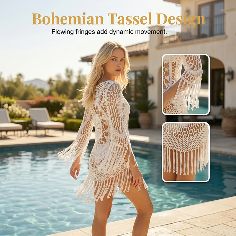 Bohemian Crochet Beach Cover-Up with Tassels