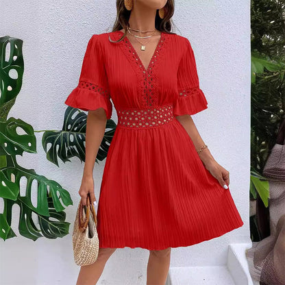 Chic V-Neck Dress with Lace Cutout Details