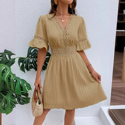 Chic V-Neck Dress with Lace Cutout Details