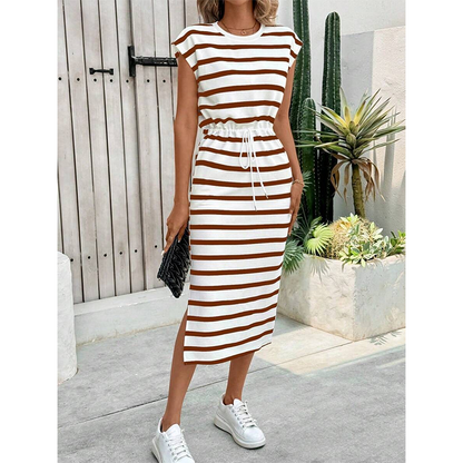 Women's Striped Drawstring Waist Split Midi Dress