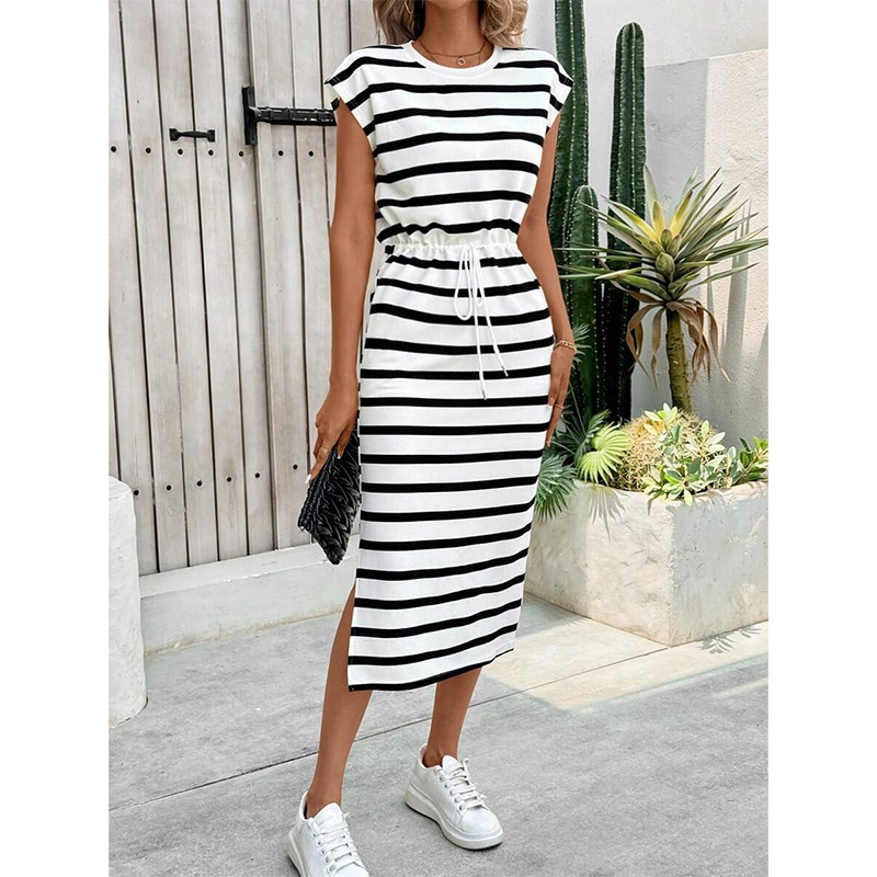 Women's Striped Drawstring Waist Split Midi Dress