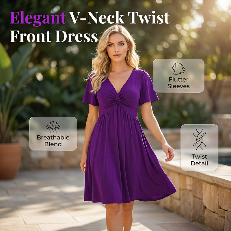 Elegant V-Neck Twist Front Dress with Pockets