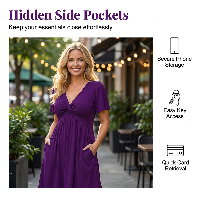 Elegant V-Neck Twist Front Dress with Pockets