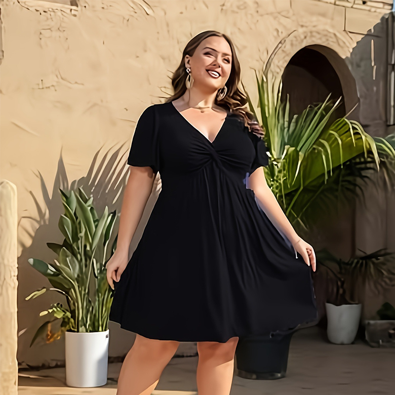 Elegant V-Neck Twist Front Dress with Pockets