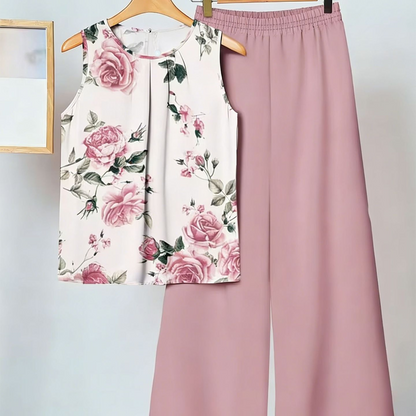 Women's Floral Print Top & Wide-Leg Pants Set