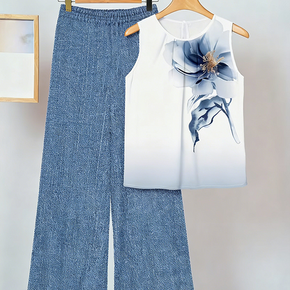 Women's Floral Print Top & Wide-Leg Pants Set